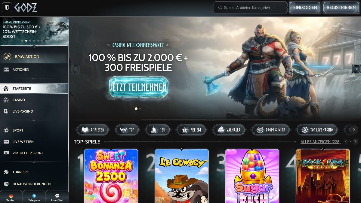 Godz überzeugt mit einer Spitzenbewertung von 4,8/5 als erstklassiges online casino für alle Spieler, die Wert auf eine gigantische Auswahl an Slots und Tischspielen legen. Neben einem riesigen Spielangebot punktet der Anbieter mit einem rundum flüssigen Spielerlebnis. Zum Einstieg erwartet neue Kunden ein lukratives Willkommenspaket von 100 % bis zu 2.000 € plus 300 Freispiele.