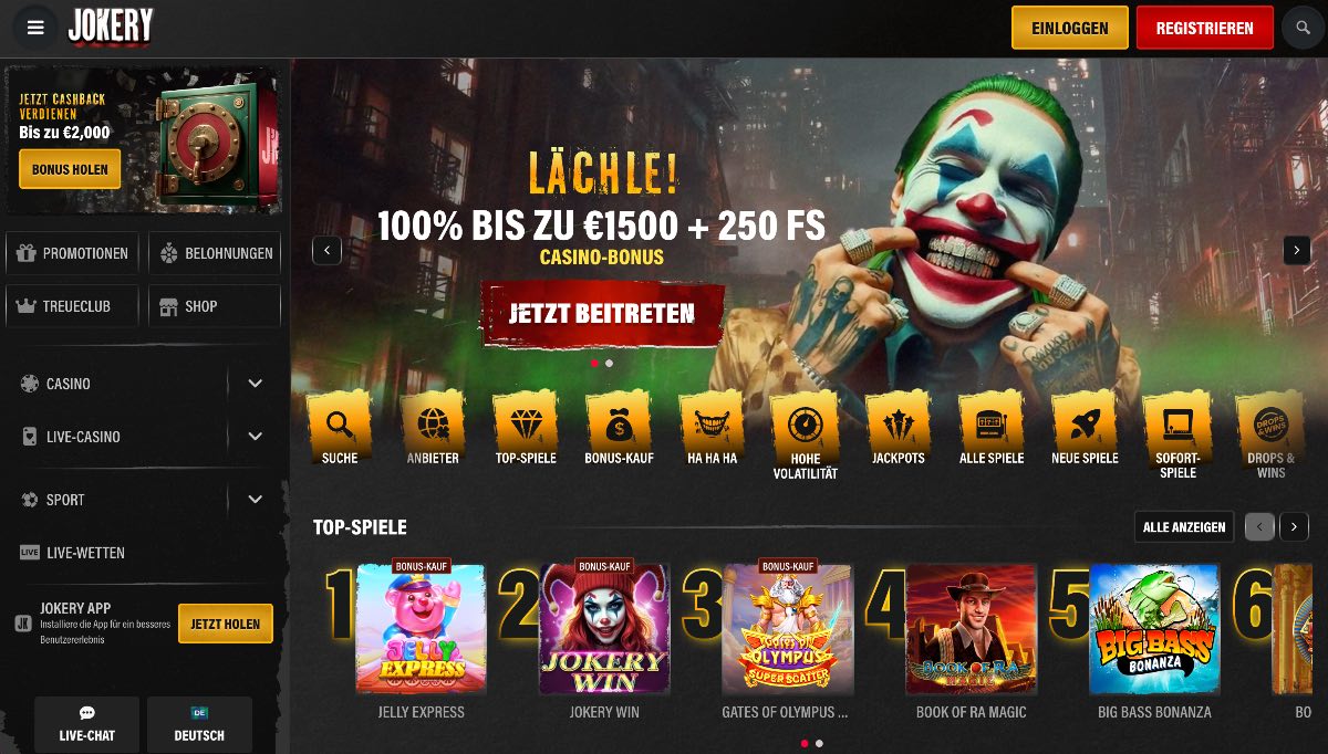 Jokery sichert sich eine starke 4,6/5-Bewertung und etabliert sich als extrem vielseitiges online casino. Der Anbieter überzeugt vor allem an der Kasse mit einer breit aufgestellten Auswahl an Zahlungsoptionen wie SEPA, E-Wallets und Kryptowährungen. Neue Mitglieder starten ihre Sessions mit einem attraktiven 3-teiligen Bonuspaket von insgesamt bis zu 3.000 €.