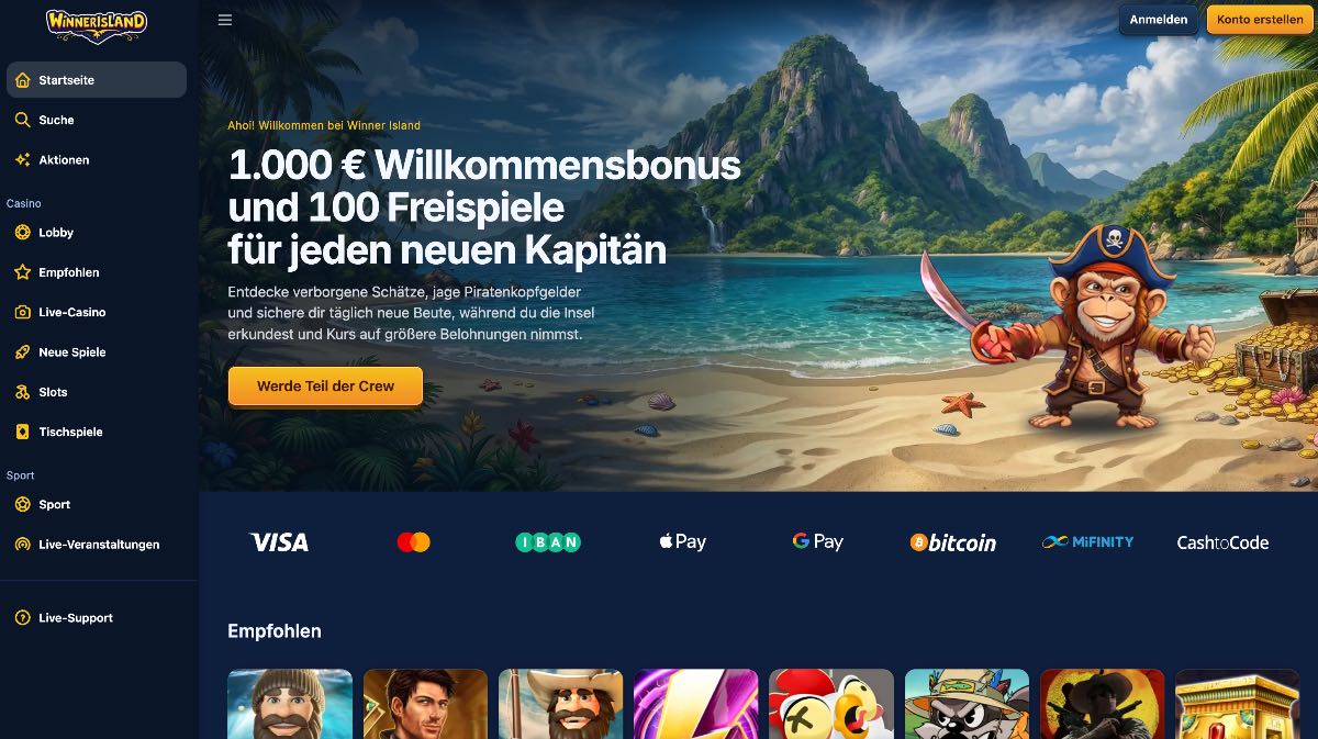 Winnerisland (Bewertung: 4,5/5) zeichnet sich als modernes online casino aus, das durch besonders schnelle E-Wallet-Auszahlungen besticht. Wenn Gewinne erzielt werden, landen diese ohne lange Verzögerungen auf dem Konto. Neue Entdecker werden hier mit dem exklusiven Captain's Welcome Pack von bis zu 1.000 € plus 100 Freispielen empfangen.